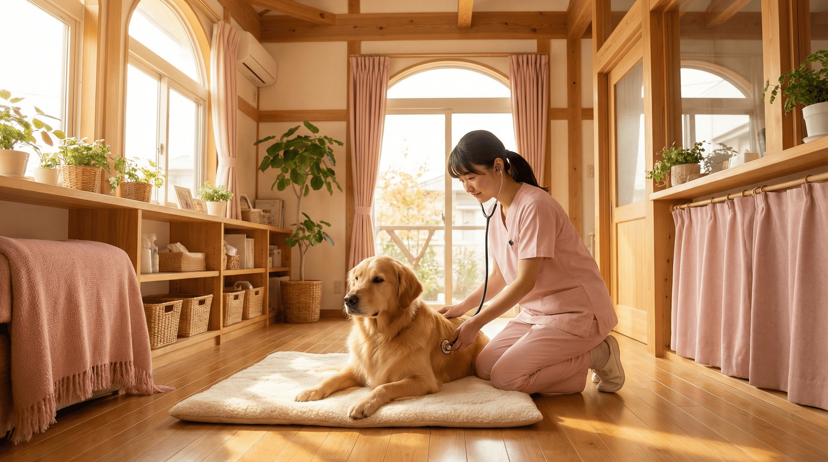 温かみのある動物病院の診療風景
